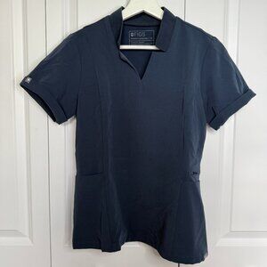 Figs Technical Collection Collared Navy Blue Top Size XS Cinched Waist Scrub